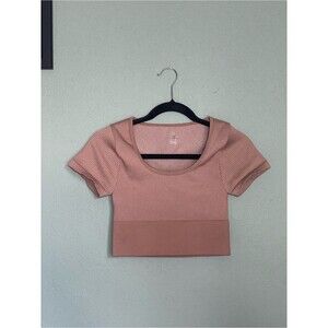 Aerie Offline Seamless Ribbed Scoop Neck Cropped Short Sleeve Size S Tan Beige